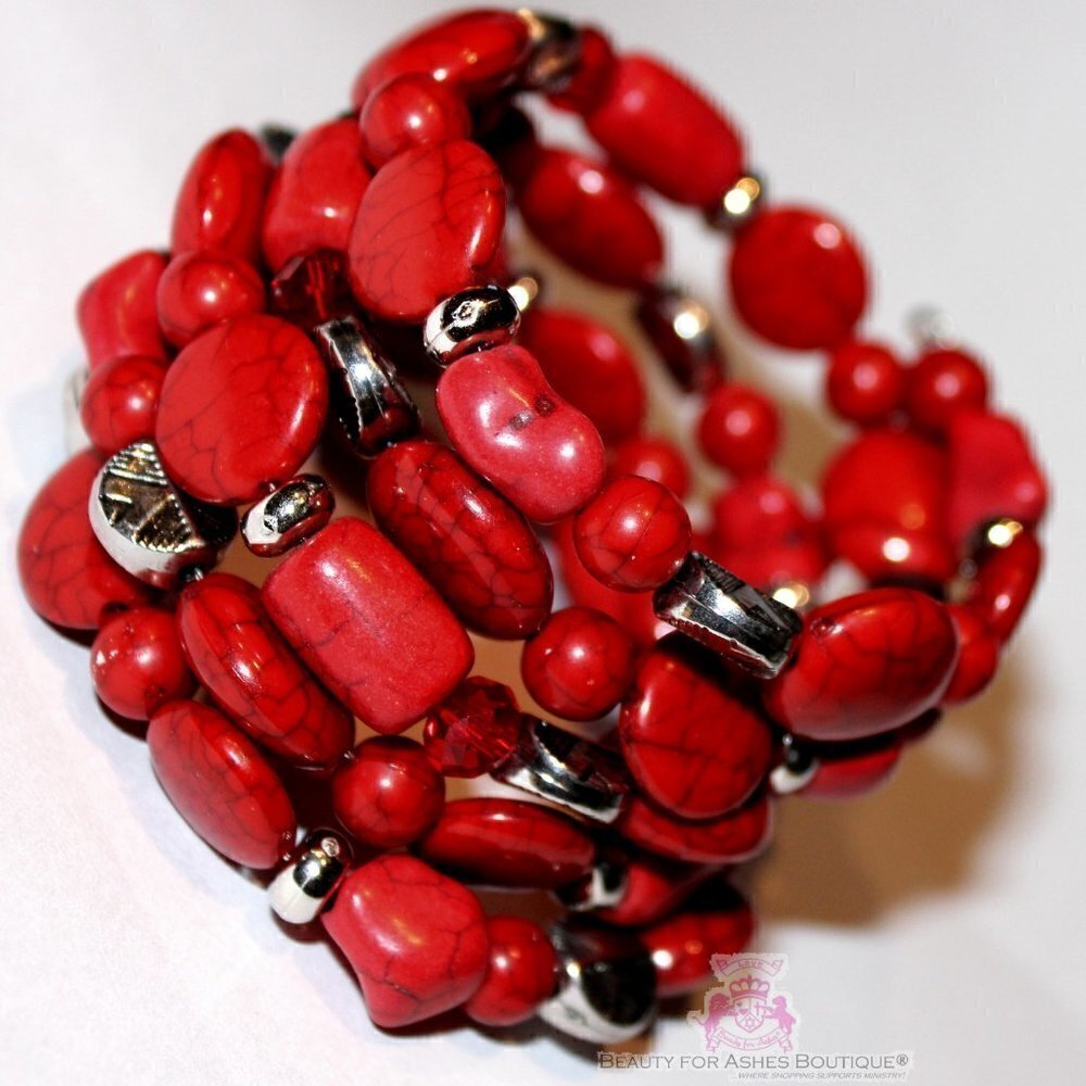 Rustic Adjustable Chunky Firecracker Faux Coral Stone Red Silver Coil Bracelet - Picture 2 of 4